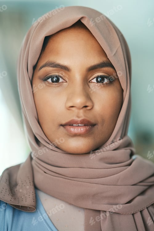 Preview: Serious, portrait and Muslim woman with hijab in home, pride and religious with traditional clothes
