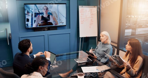 Preview: Business people, virtual meeting and financial advisor in office, conversation