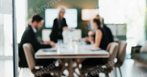 Preview: Meeting, manager or people in office with blur, problem solving or funding ideas in strategy