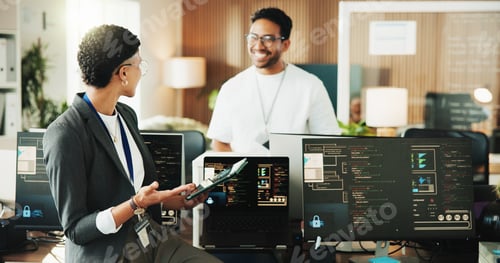 Preview: Tablet, programmer and meeting with business people in office for web developer