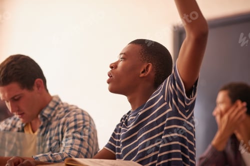 Preview: Student, raised hand and question in college class for feedback, knowledge or opinion