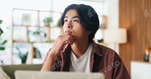 Preview: Man, thinking and remote work in home with laptop, digital marketing idea