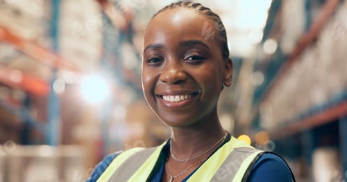 Preview: Black woman, portrait and logistics with confidence in warehouse for storage or shipping service