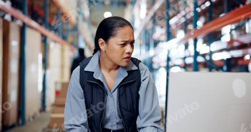 Preview: Computer, supply chain and woman in warehouse for shipping, distribution and production in factory