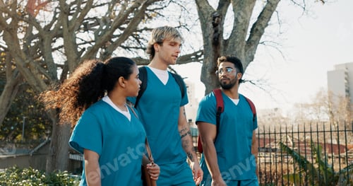 Preview: Medical student, group and walk at campus, talk and ready for education