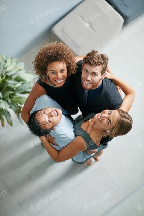 Preview: Above, portrait and business people in office with hug, happiness and collaboration for company