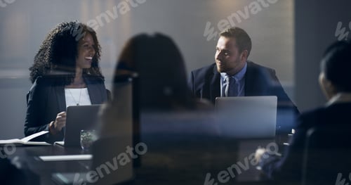 Preview: Laptop, woman or team with meeting in office for financial review, budget approval or feedback