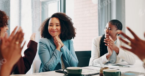 Preview: Woman, celebration and applause with startup team, goals or congratulations at company