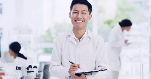 Preview: Clipboard, portrait and science with man in laboratory for medical development or research