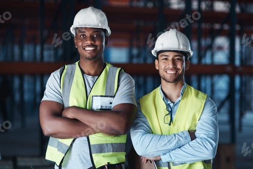 Preview: Logistics, portrait and men with arms crossed in factory, supply chain or confident