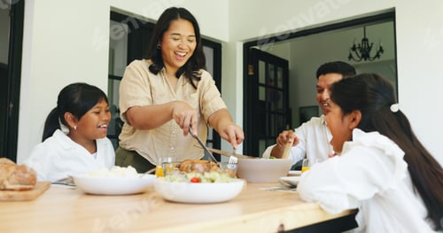 Preview: Family lunch, children and woman cutting in dining room, holiday meal and healthy food