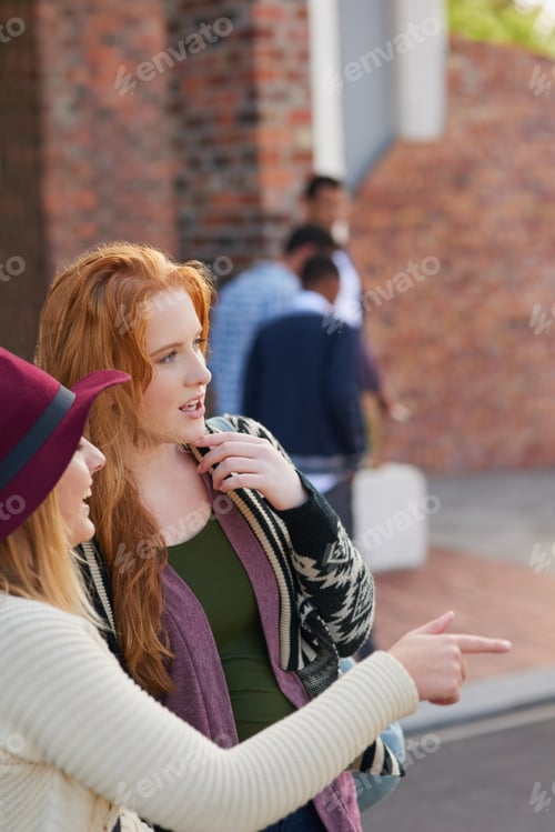 Preview: University, pointing and women on campus for talking, help and directions to class at college