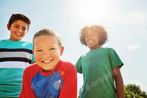 Preview: Portrait, happy children and boys outdoor with summer holiday, support or care for bonding together