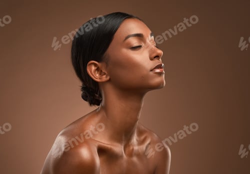 Preview: Woman, relax and skincare in studio with beauty, natural makeup and collagen benefits for wellness