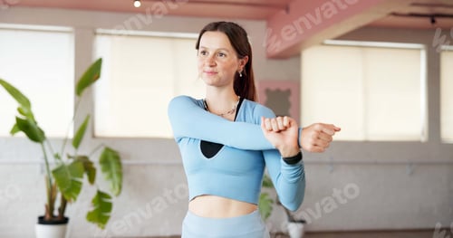 Preview: Stretching, fitness and woman in studio, thinking and contemplation with exercise