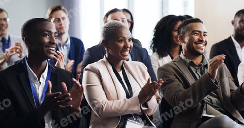 Preview: Seminar, crowd and business people clapping for celebration, success or revenue growth in office