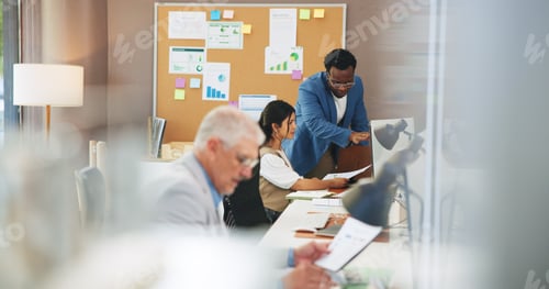 Preview: Computer, paperwork or business team with advice in office for revenue report, KPI or forecasting