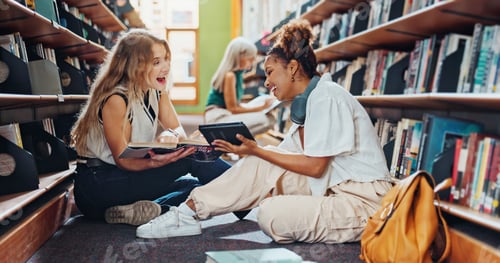 Preview: Tablet, women and students in library, funny and ideas for academic project, education and college