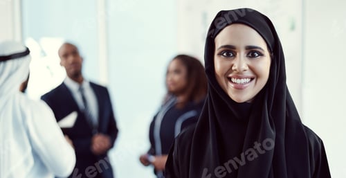 Preview: Happy, portrait and business with muslim woman at conference for professional, about us and pride