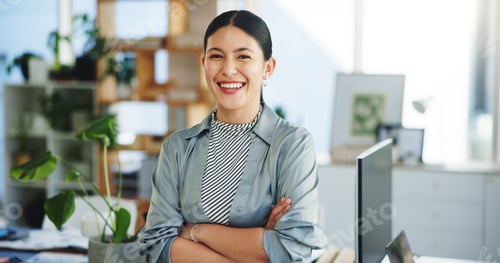 Preview: Portrait, smile and woman in office with arms crossed, about us or founder of eco friendly startup