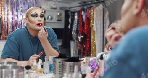 Preview: Drag artist, lipstick or person with mirror in dressing room, getting ready