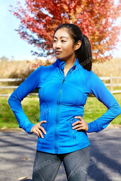 Preview: Asian woman, fitness and thinking at park with runner outdoor for workout, exercise and autumn
