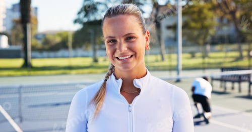 Preview: Tennis court, portrait and woman with smile for workout, sports professional
