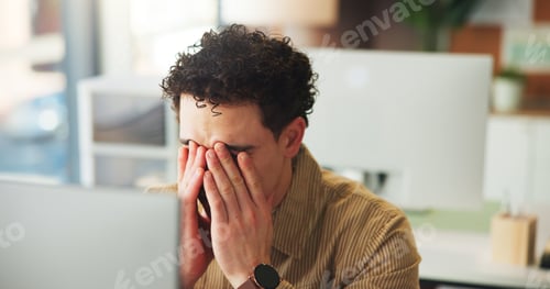 Preview: Frustrated, man or burnout in office with computer for digital marketing mistake