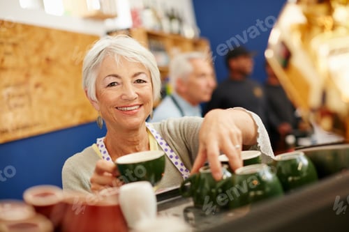 Preview: Portrait, coffee shop and senior woman with drink at counter for service, help and hospitality