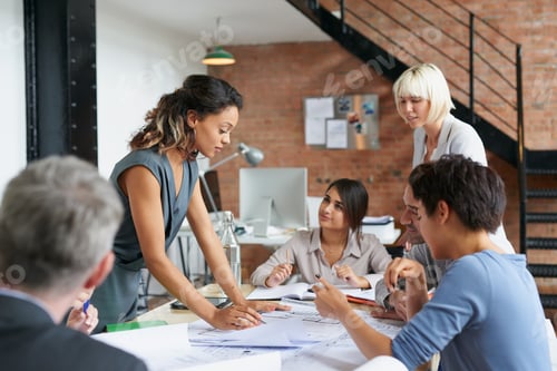 Preview: Meeting, discussion and floor plan with business people in office for event planner