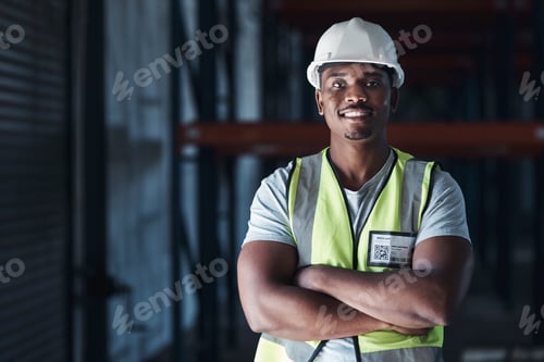 Preview: Black man, portrait and contractor with confidence in warehouse for storage maintenance