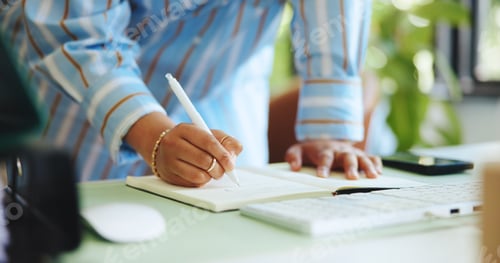 Preview: Notebook, writing and hands of woman in office for research, blog to do list