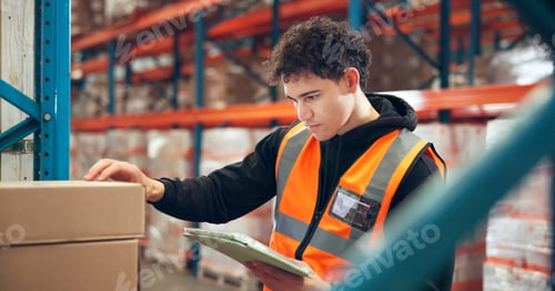 Preview: Logistics, tablet or man with box inspection in warehouse for label accuracy