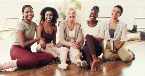 Preview: Happy, group and portrait of women in yoga class for exercise, pilates workout and wellness