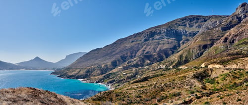Preview: Sky, coast and ocean landscape with mountain for travel destination, nature tourism and space
