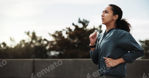 Preview: Athlete, woman and running for fitness in city with pace training, morning cardio and stamina
