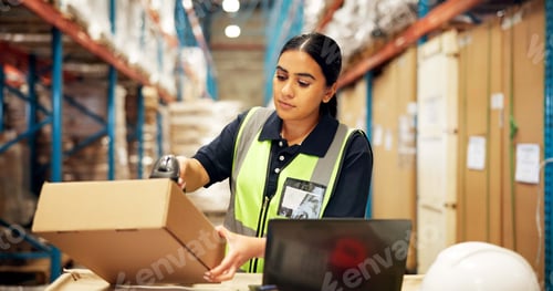 Preview: Warehouse, shipping and woman with barcode on box for supply chain, freight orders or inventory