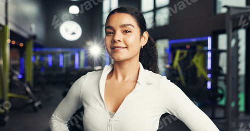 Preview: Personal trainer, fitness and woman with smile at gym for training routine, workout or portrait