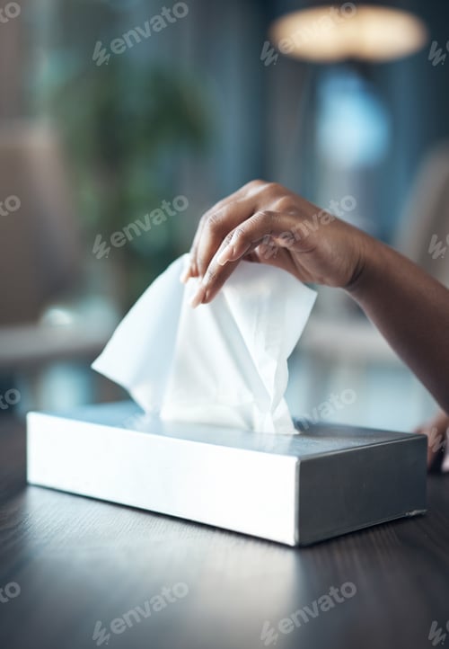 Preview: Hands, sick and woman with tissue in home for allergies, hygiene and cold symptoms