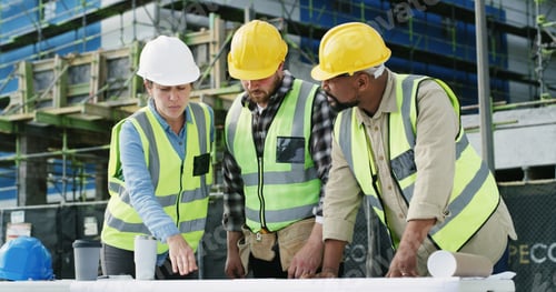 Preview: Discussion, blueprint and civil engineers on site with collaboration for infrastructure project