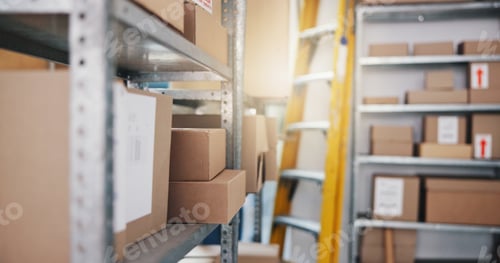 Preview: Warehouse, logistics and ladder with boxes for inventory, storage unit or supply chain delivery