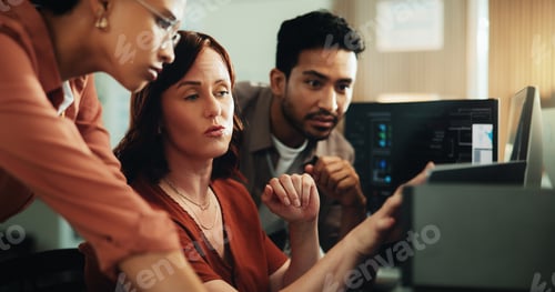 Preview: Computer, coding and research with business people in office for programmer review