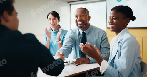 Preview: People, clapping and handshake in office with meeting, b2b agreement and contract for investment