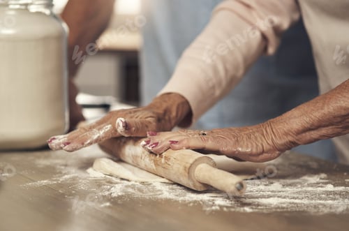Preview: Hands, old couple and baking with dough in kitchen for cake recipe, retirement hobby or bonding