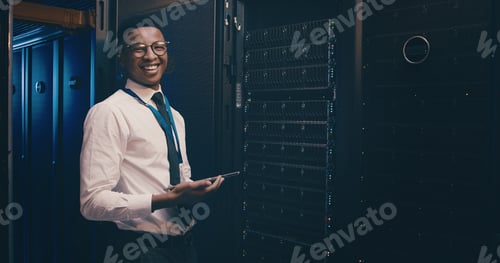 Preview: Portrait, engineer and man with tablet, server room or happy for network engineering or programming