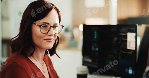 Preview: Glasses, programmer and computer with business woman in office for web developer
