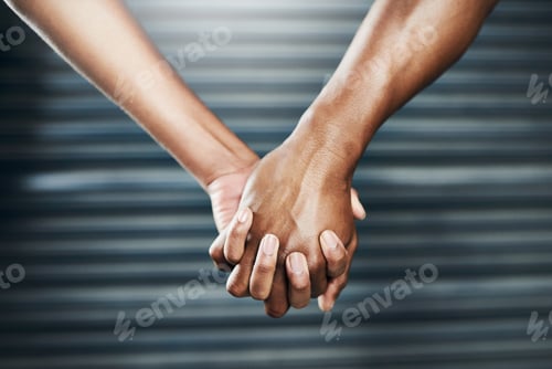Preview: Couple, holding hands and relationship by garage door with love, connection and support with care