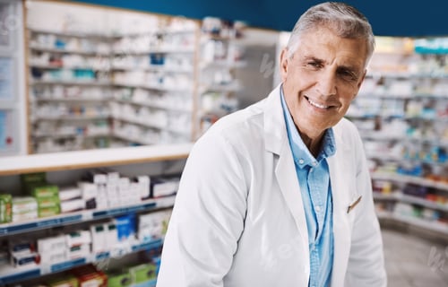 Preview: Smile, man and pharmacist thinking with service. wellness and drugs for healthcare