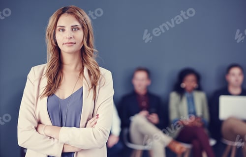 Preview: Business woman, portrait and confidence with team in waiting room for hiring or job opportunity