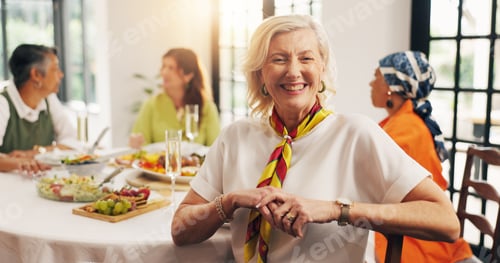 Preview: Happy, dinner and portrait of mature woman in home with friends for reunion, bonding or catch up